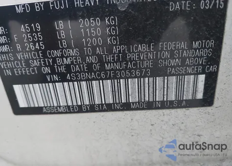 2015 Subaru Legacy 2.5I Premium из США, поврежденный, VIN 4S3BNAC67F3053673